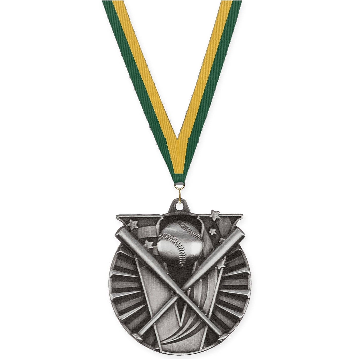 2 inch baseball and softball Victory medal in antique silver with Hunter Green Gold neck ribbon