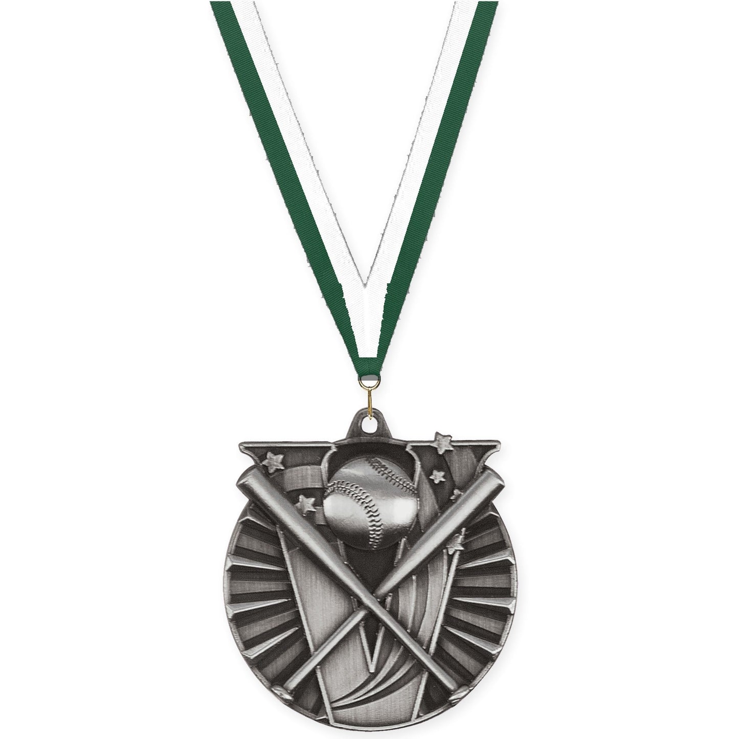 2 inch baseball and softball Victory medal in antique silver with Hunter Green White neck ribbon
