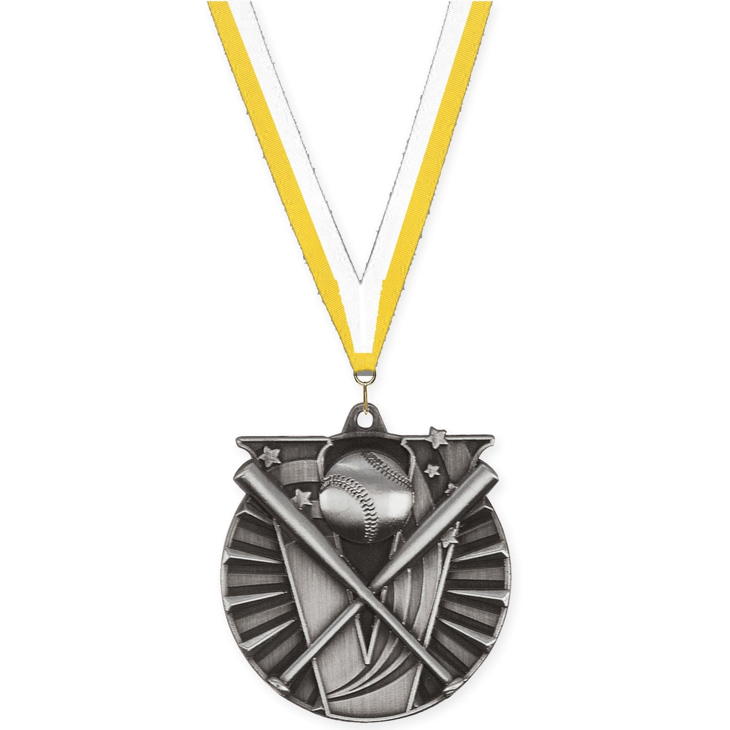 2 inch baseball and softball Victory medal in antique silver with Yellow White neck ribbon