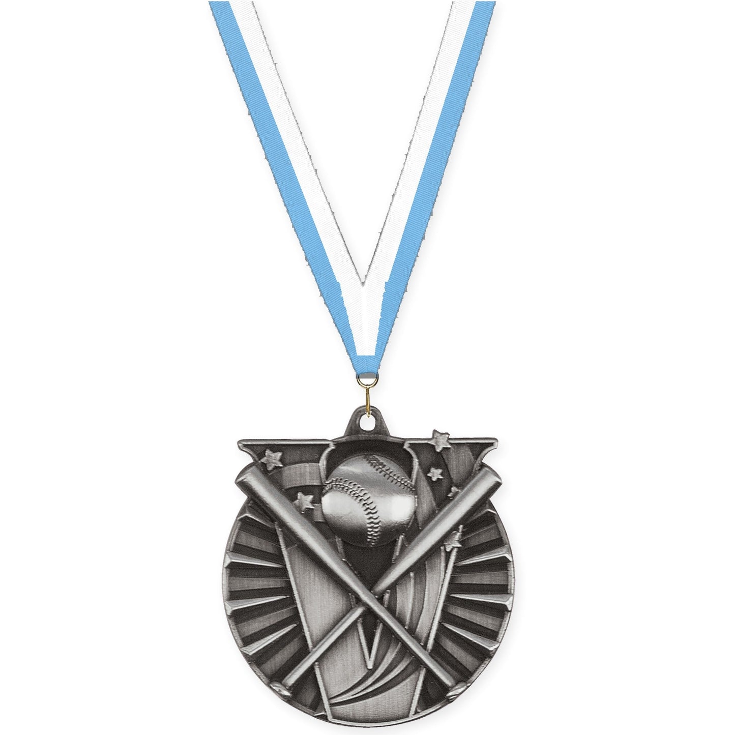 2 inch baseball and softball Victory medal in antique silver with Light Blue White neck ribbon