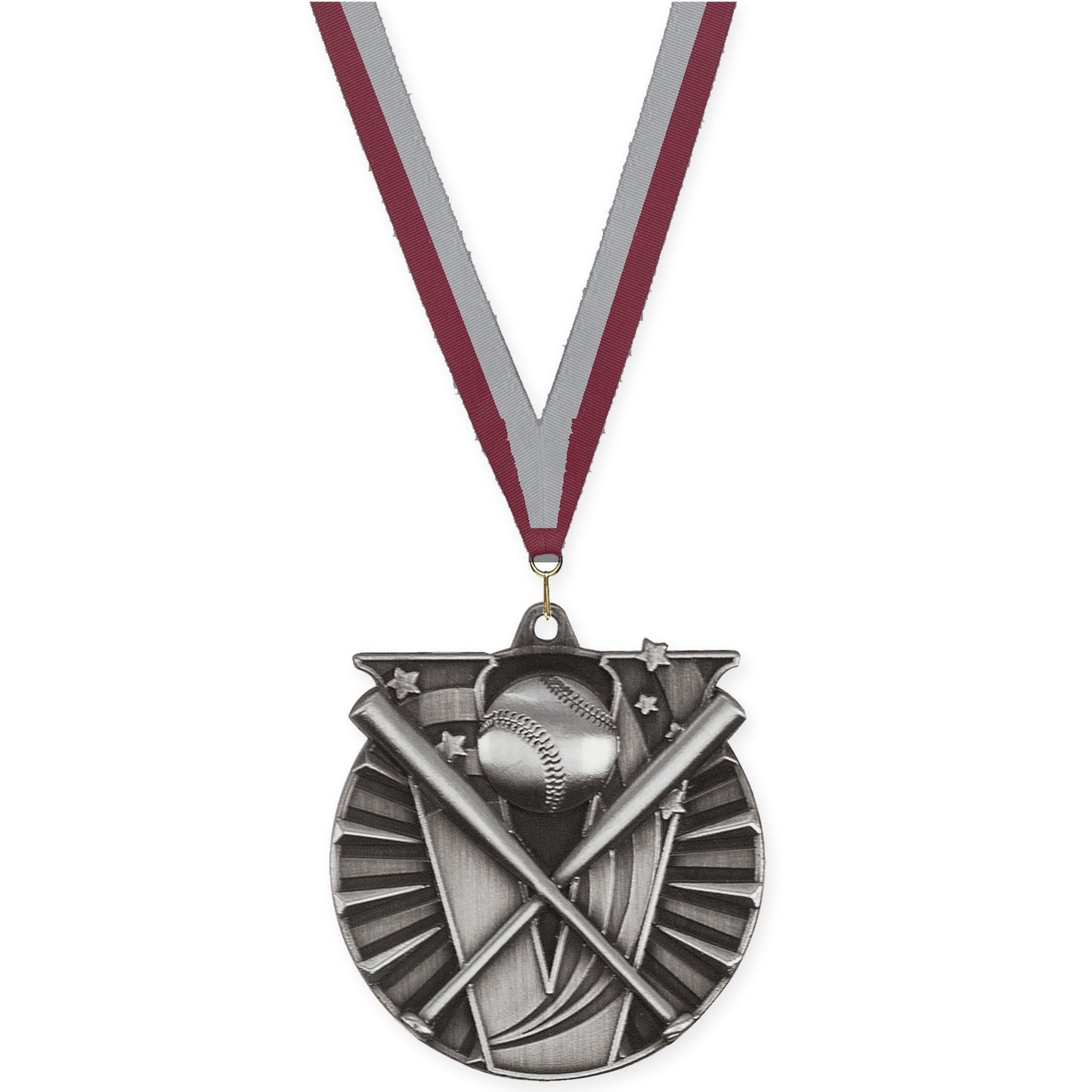 2 inch baseball and softball Victory medal in antique silver with Maroon Gray neck ribbon
