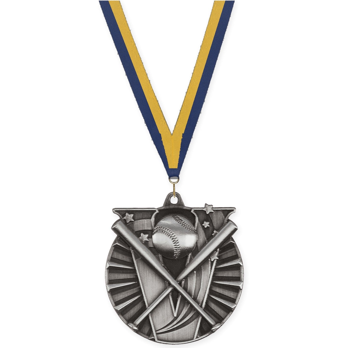 2 inch baseball and softball Victory medal in antique silver with Navy Gold neck ribbon