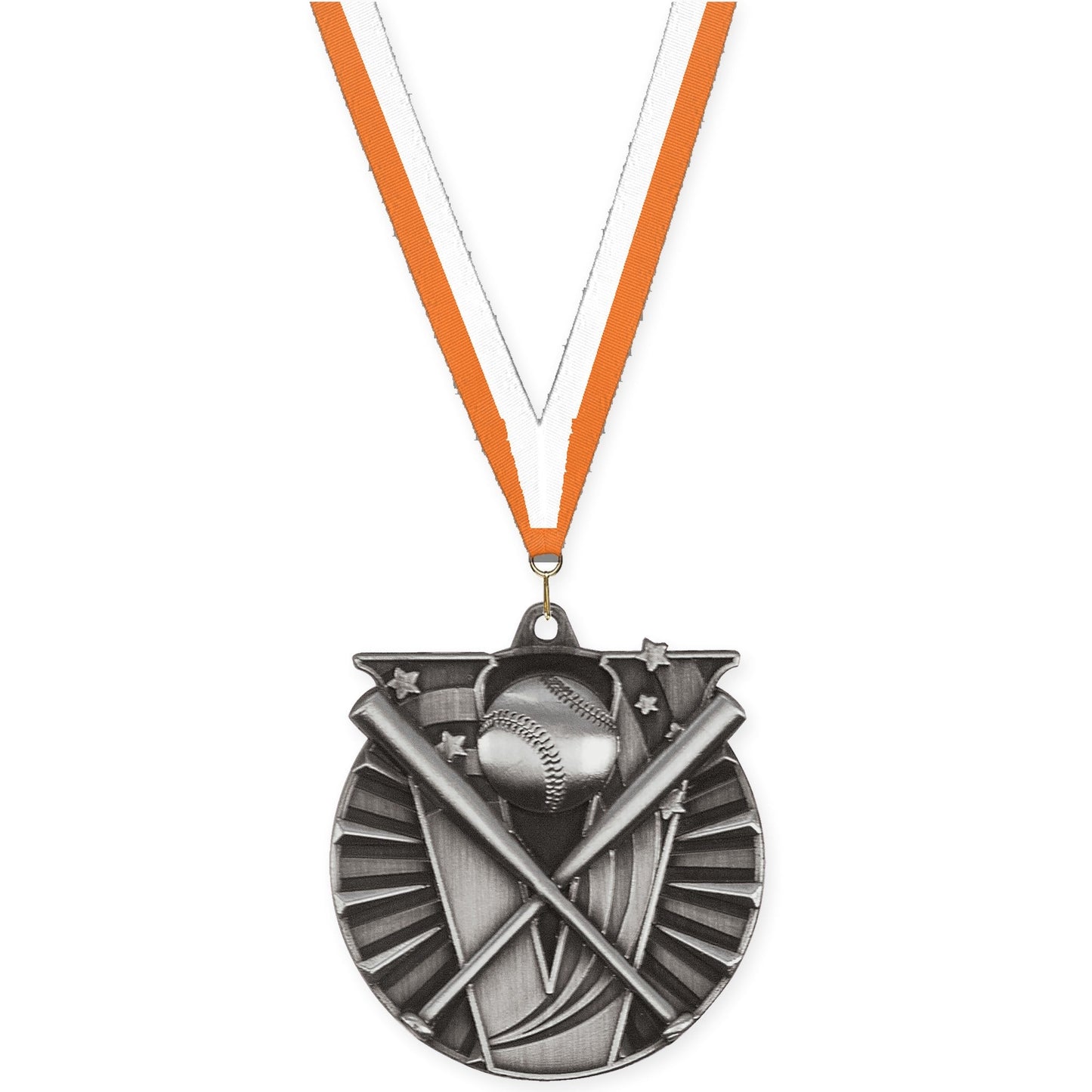 2 inch baseball and softball Victory medal in antique silver with Orange White neck ribbon