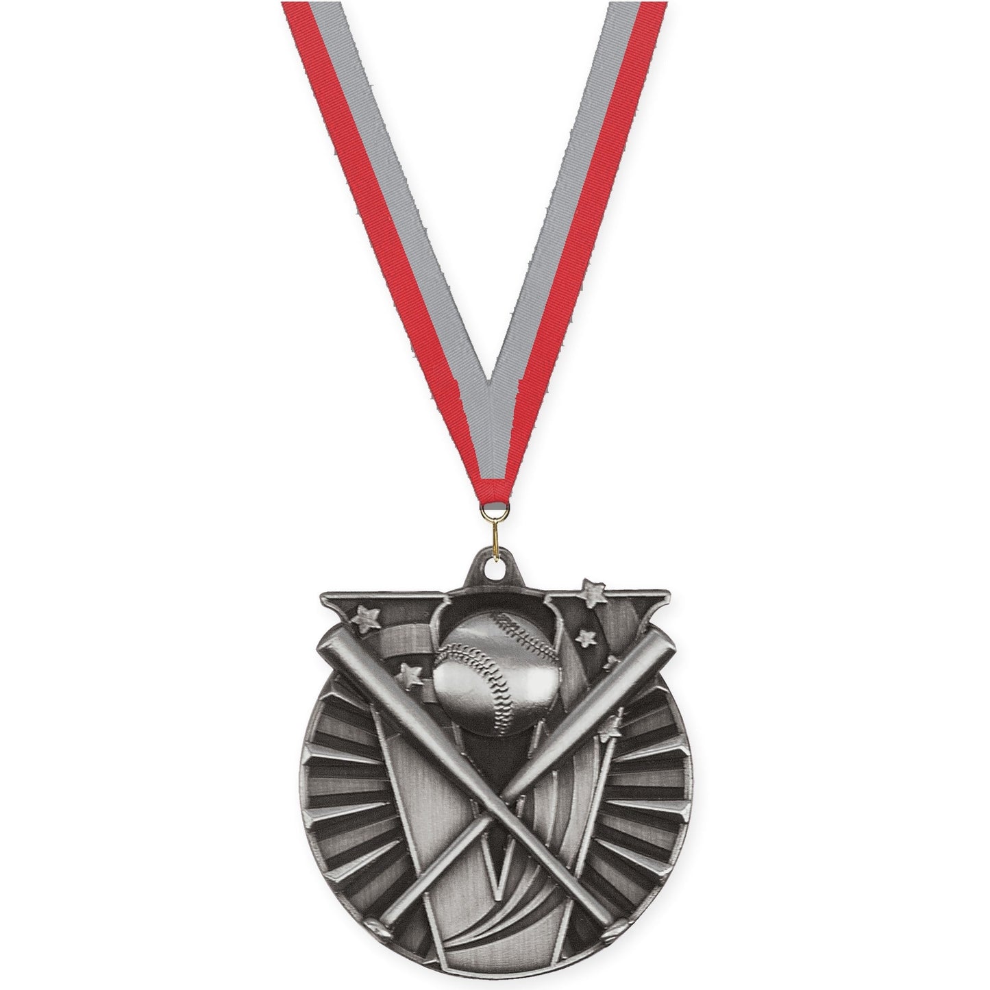 2 inch baseball and softball Victory medal in antique silver with Red Gray neck ribbon