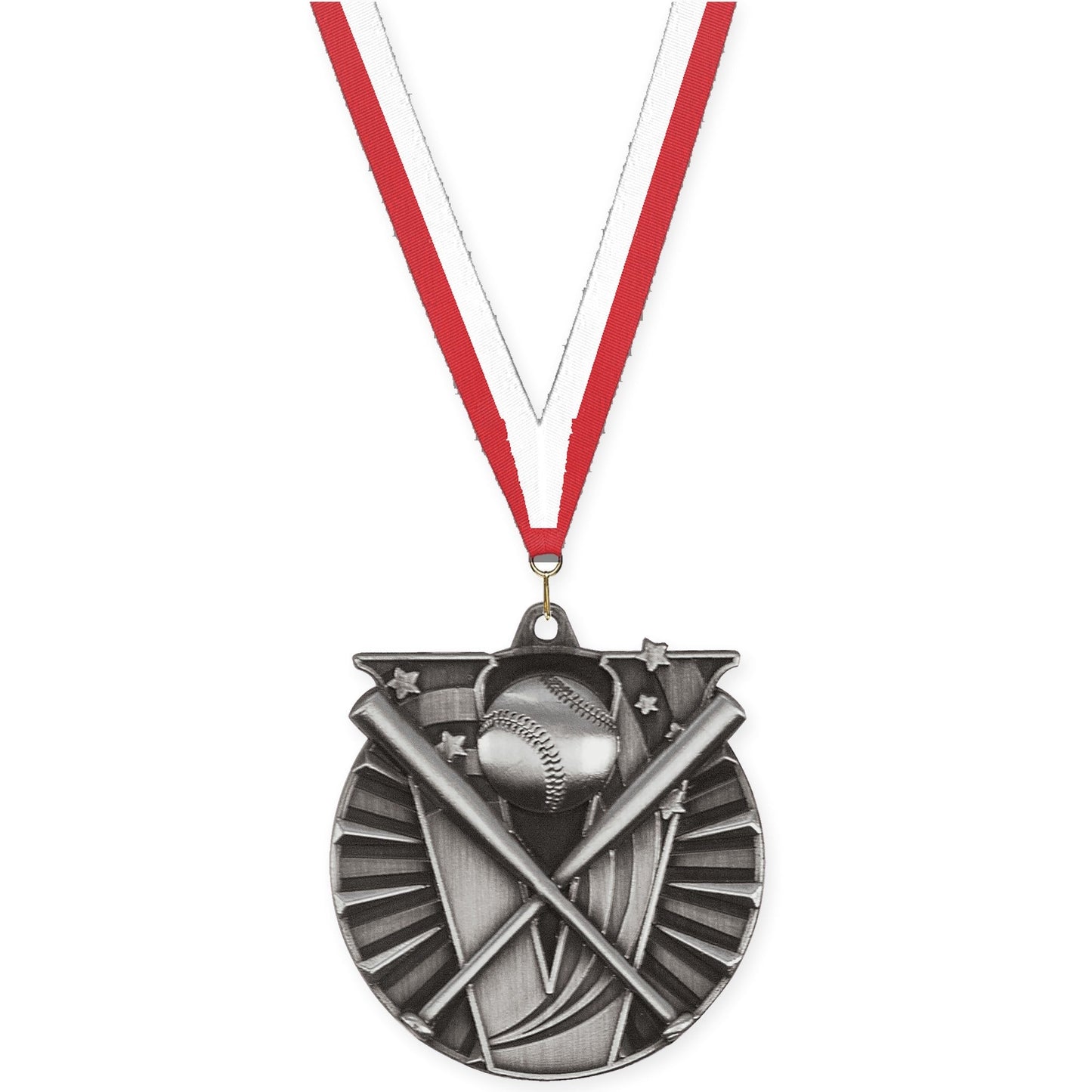 2 inch baseball and softball Victory medal in antique silver with Red White neck ribbon