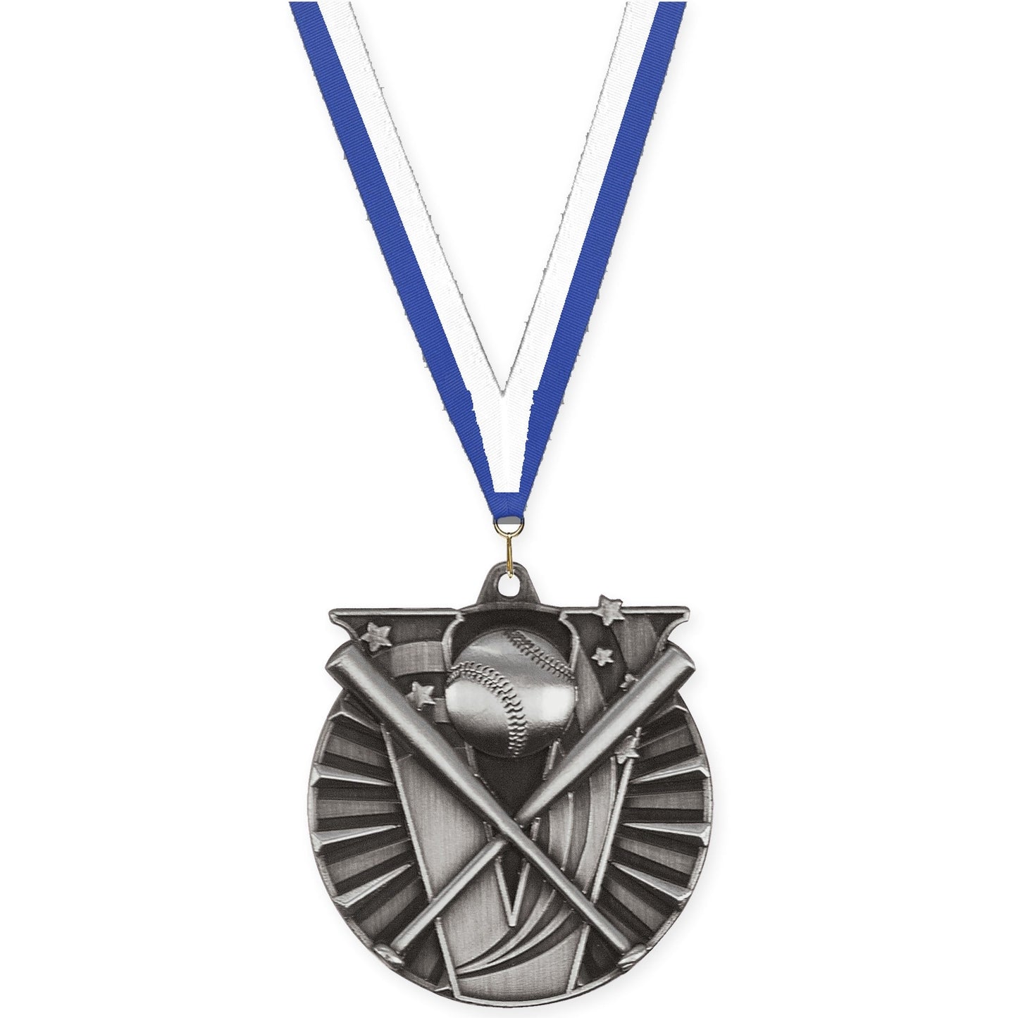 2 inch baseball and softball Victory medal in antique silver with Blue White neck ribbon