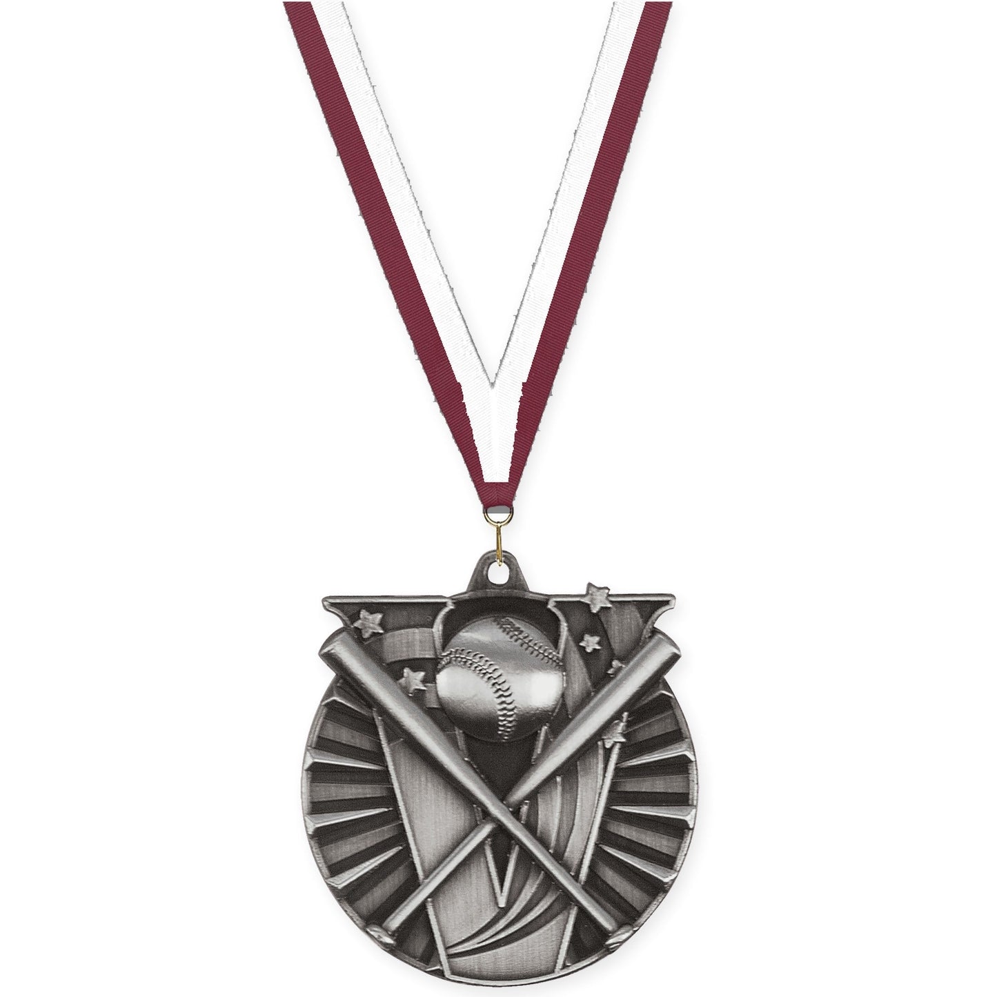 2 inch baseball and softball Victory medal in antique silver with Maroon White neck ribbon