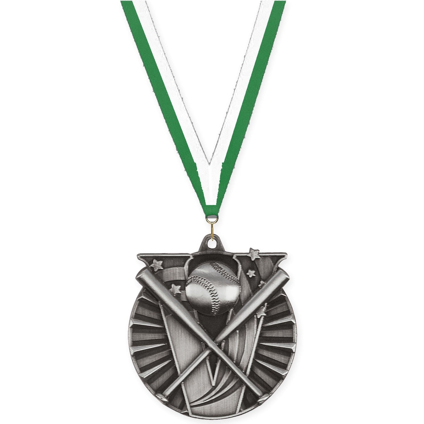 2 inch baseball and softball Victory medal in antique silver with Green White neck ribbon