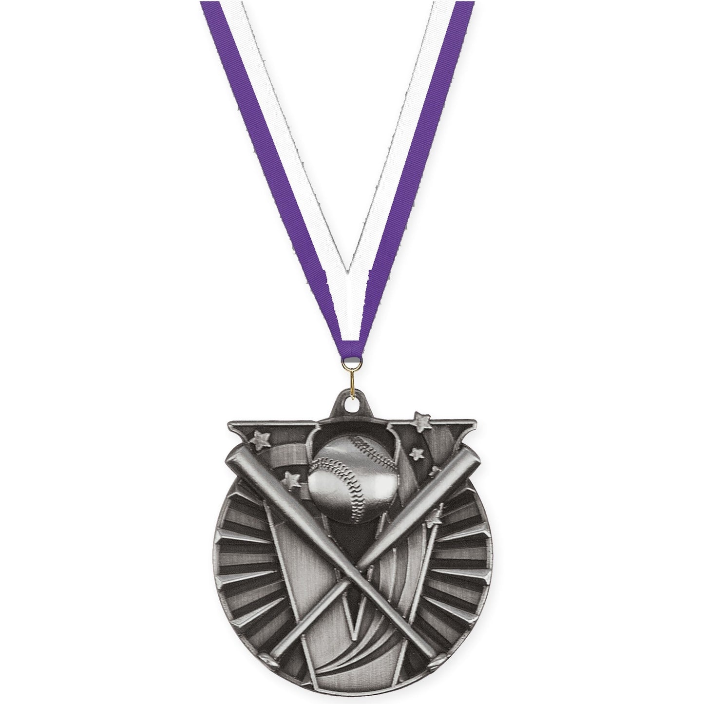 2 inch baseball and softball Victory medal in antique silver with Purple White neck ribbon