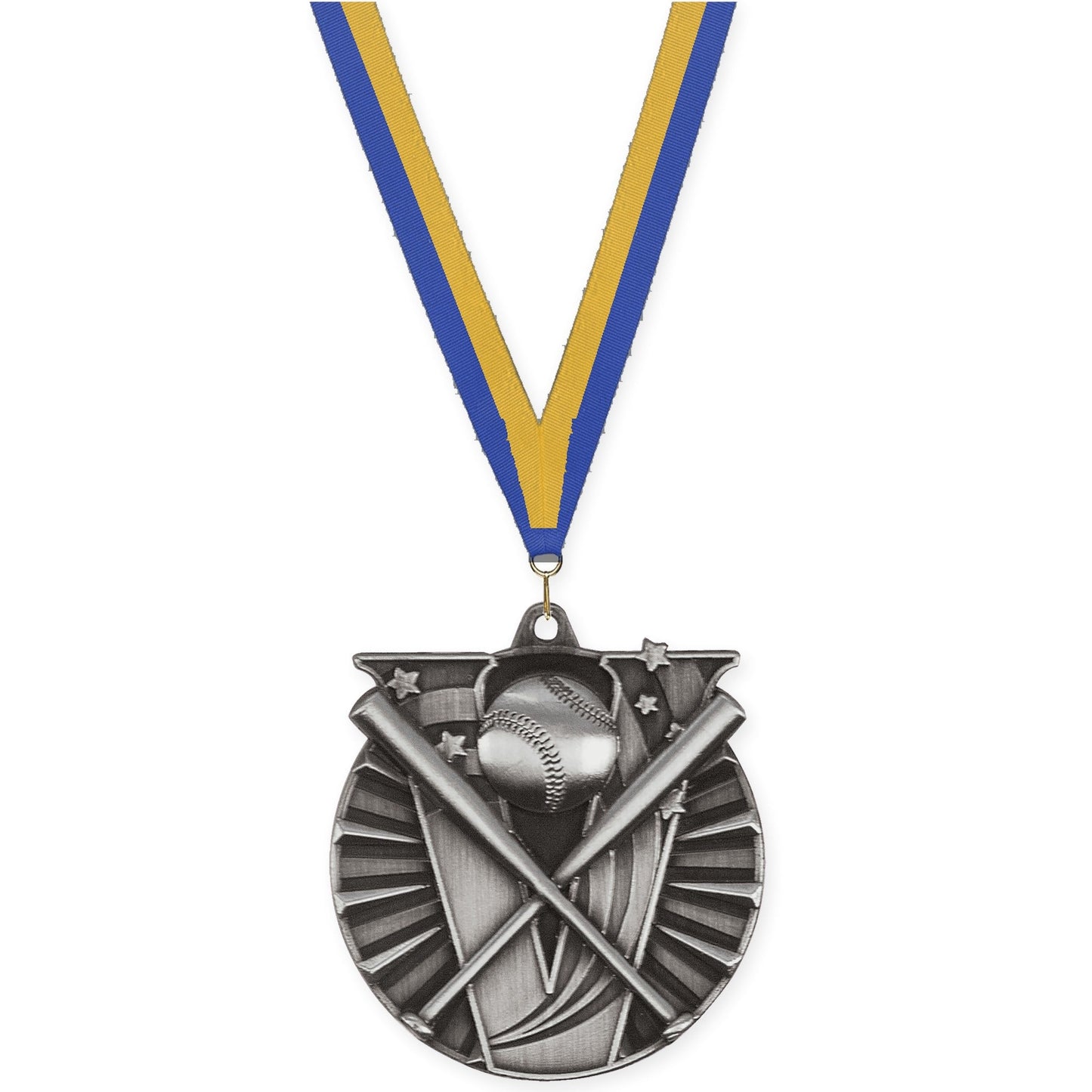 2 inch baseball and softball Victory medal in antique silver with Blue Gold neck ribbon