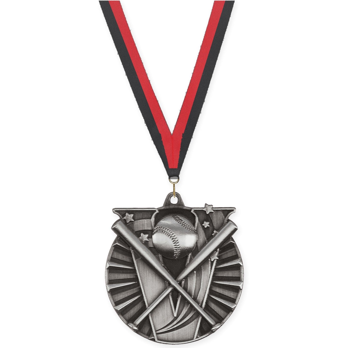 2 inch baseball and softball Victory medal in antique silver with Black Red neck ribbon