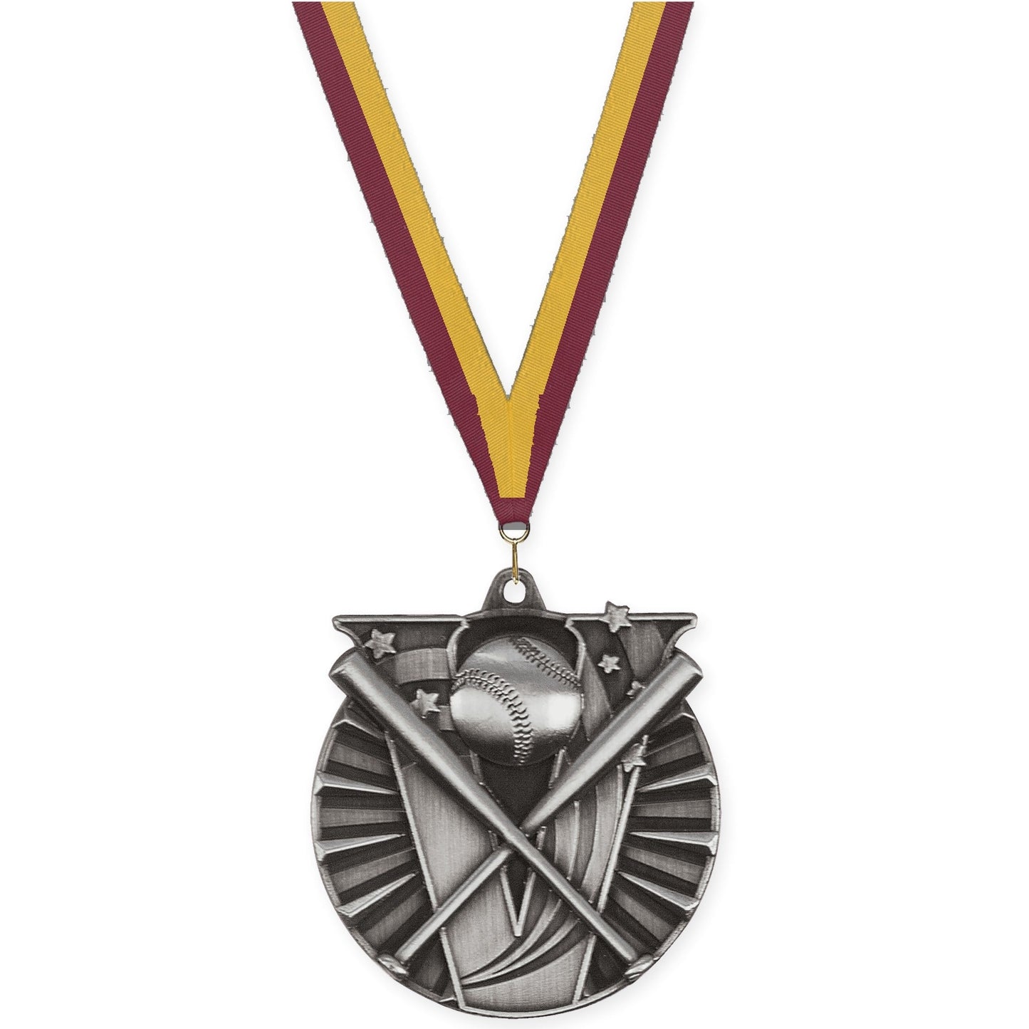 2 inch baseball and softball Victory medal in antique silver with Maroon Gold neck ribbon