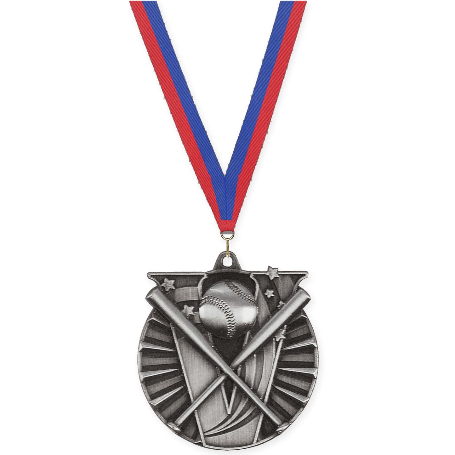 2 inch baseball and softball Victory medal in antique silver with Blue Red neck ribbon