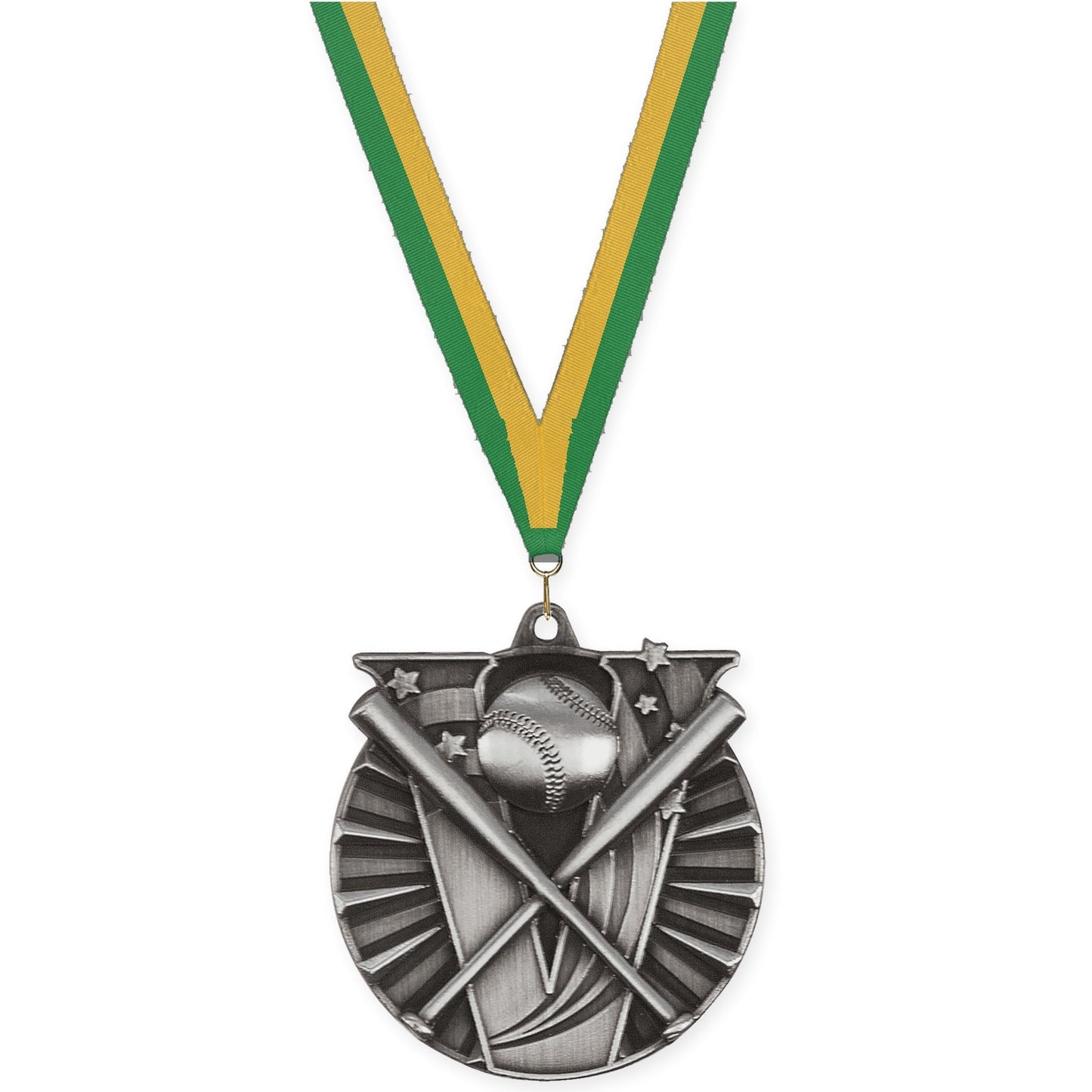 2 inch baseball and softball Victory medal in antique silver with Green Gold neck ribbon