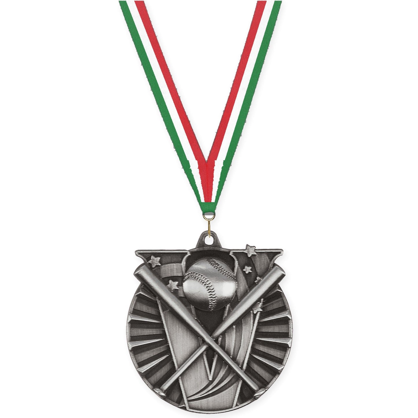 2 inch baseball and softball Victory medal in antique silver with Green White Red neck ribbon
