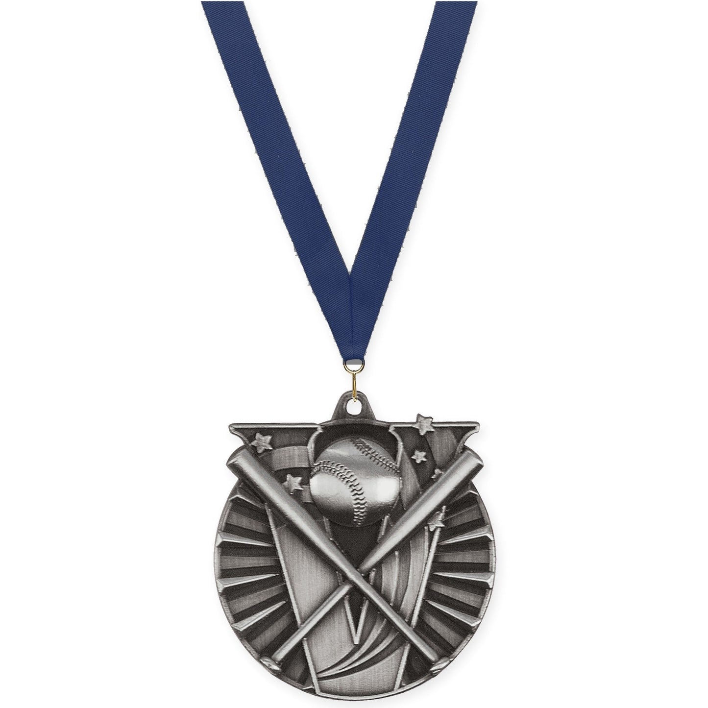 2 inch baseball and softball Victory medal in antique silver with Navy neck ribbon