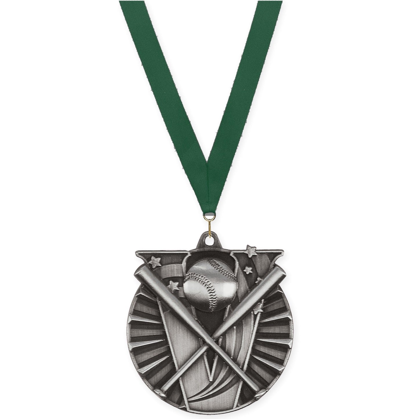 2 inch baseball and softball Victory medal in antique silver with Hunter Green neck ribbon