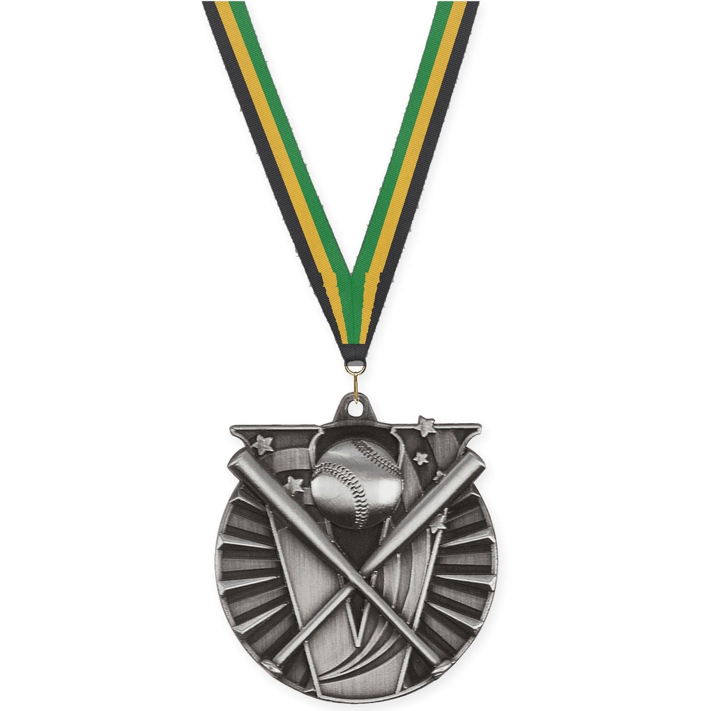 2 inch baseball and softball Victory medal in antique silver with Black Gold Green neck ribbon
