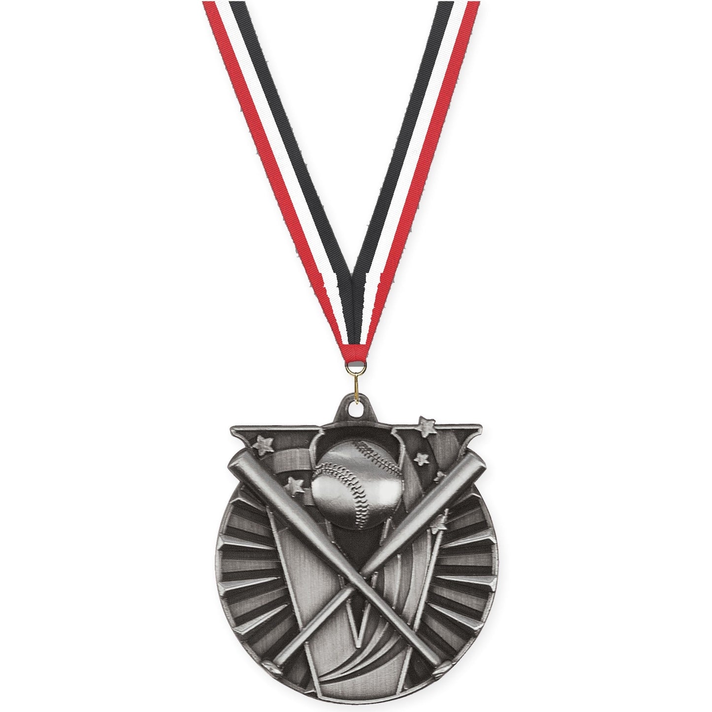 2 inch baseball and softball Victory medal in antique silver with Red White Black neck ribbon
