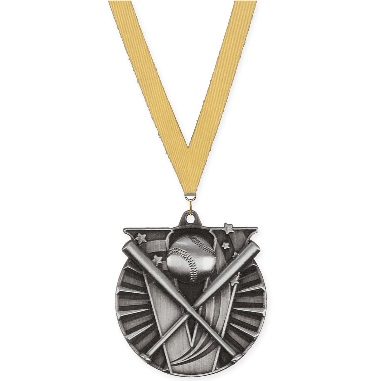 2 inch baseball and softball Victory medal in antique silver with Gold Metallic neck ribbon