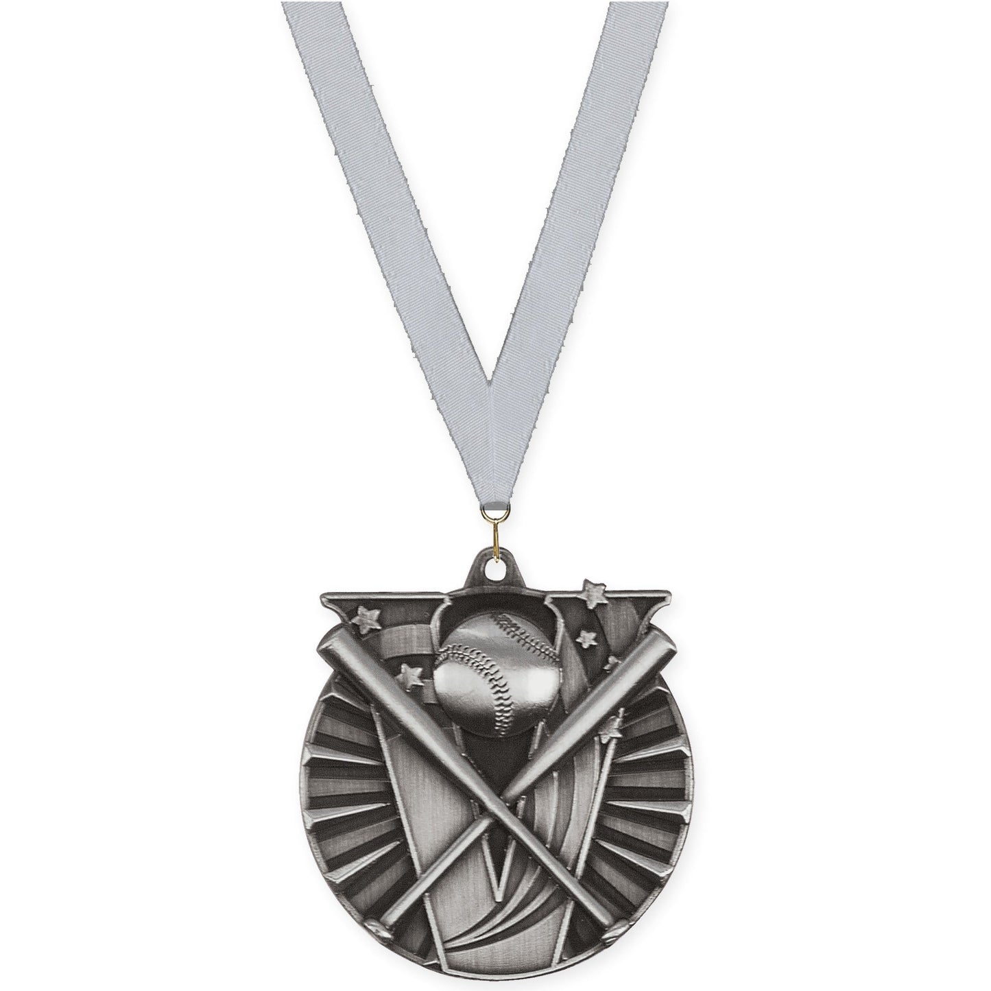 2 inch baseball and softball Victory medal in antique silver with Silver Metallic neck ribbon