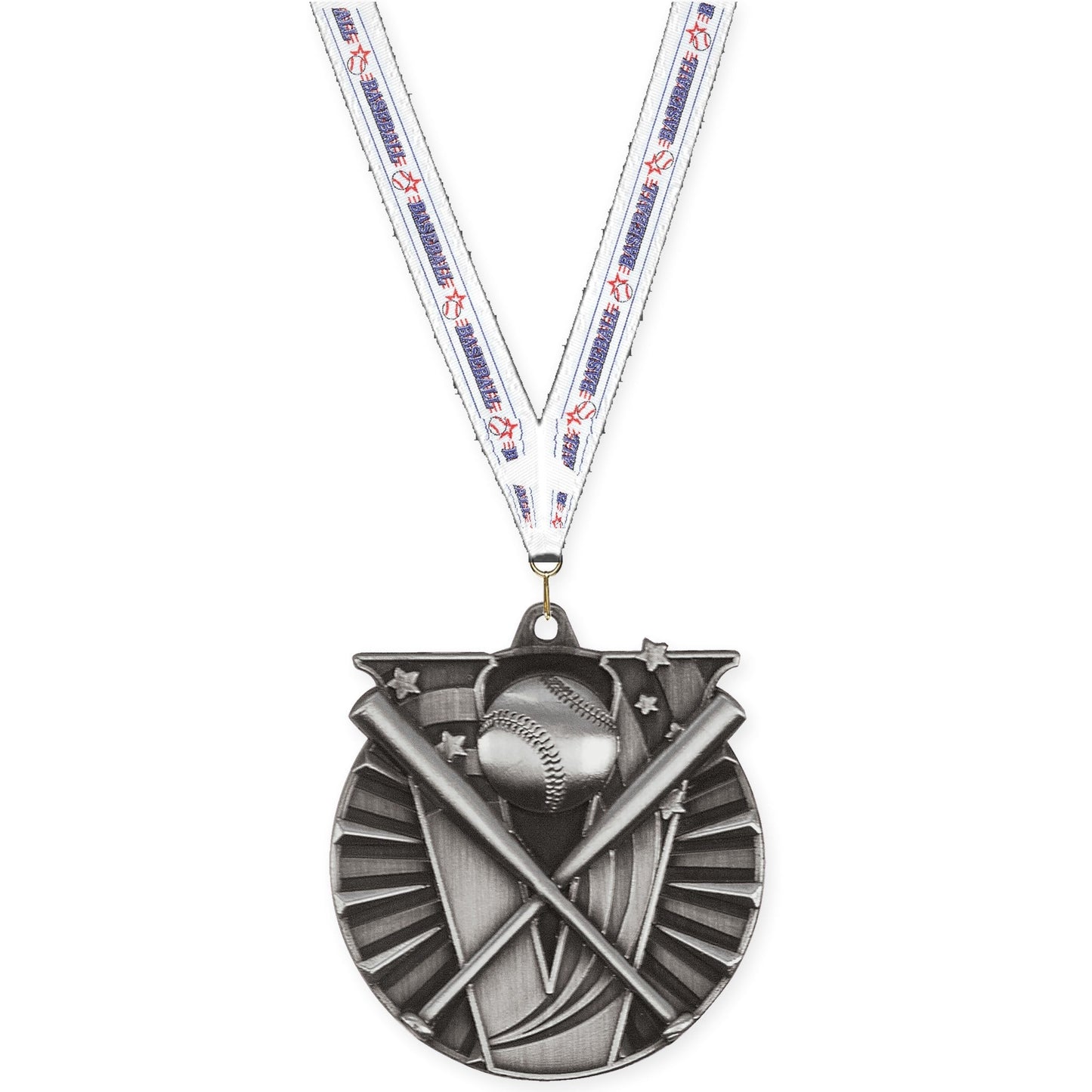 2 inch baseball and softball Victory medal in antique silver with Baseball neck ribbon