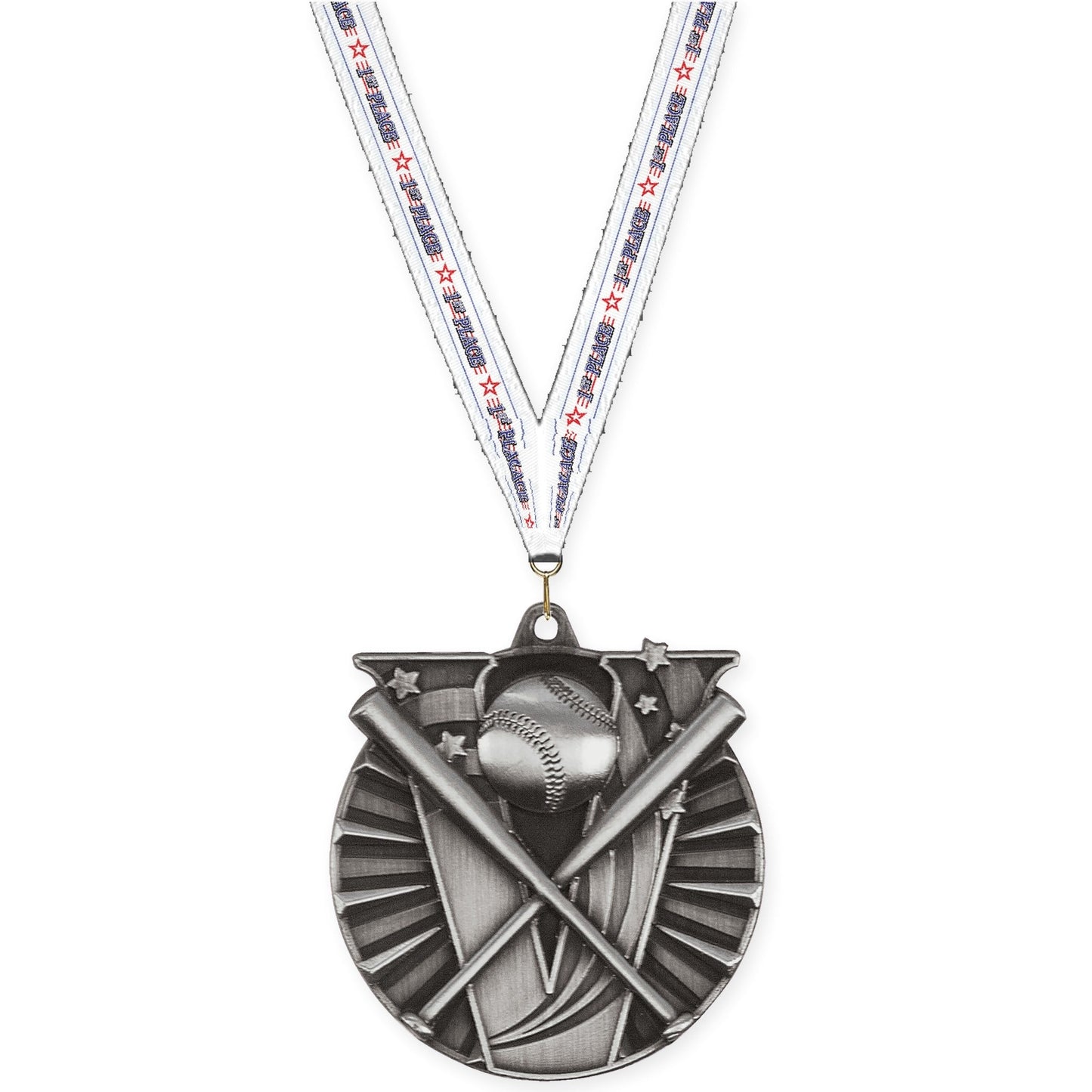 2 inch baseball and softball Victory medal in antique silver with 1st Place neck ribbon