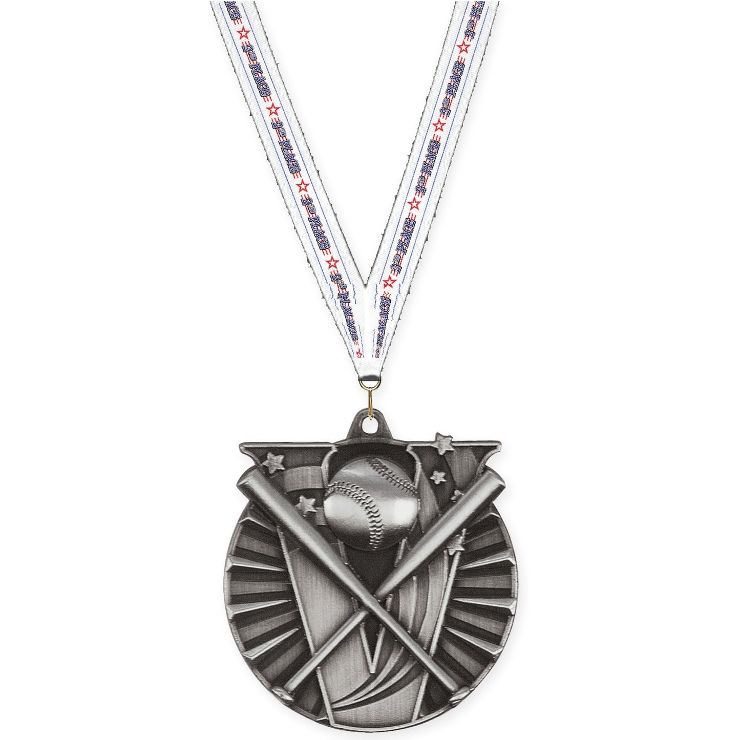 2 inch baseball and softball Victory medal in antique silver with 2nd Place neck ribbon