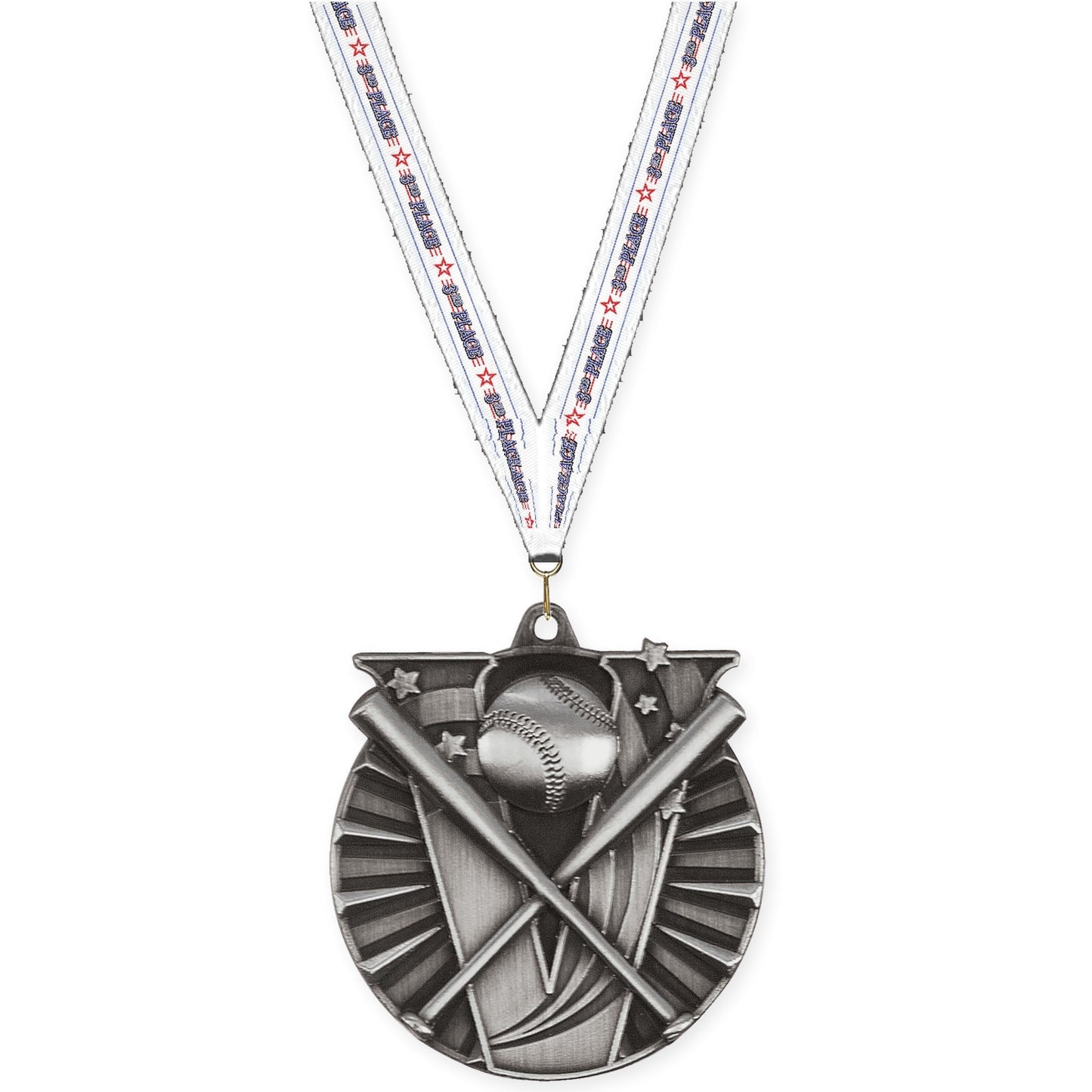 2 inch baseball and softball Victory medal in antique silver with 3rd Place neck ribbon