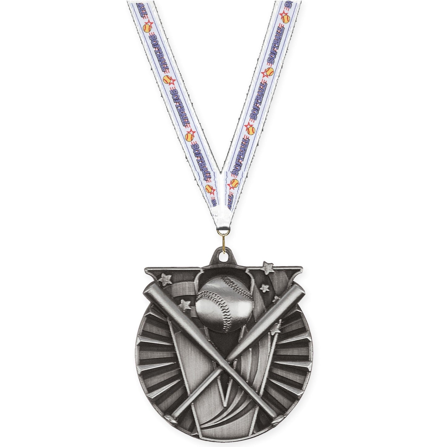 2 inch baseball and softball Victory medal in antique silver with Softball neck ribbon