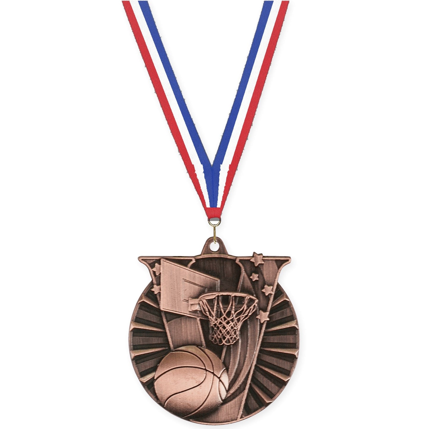 2 inch basketball Victory medal in antique bronze with Red White Blue neck ribbon
