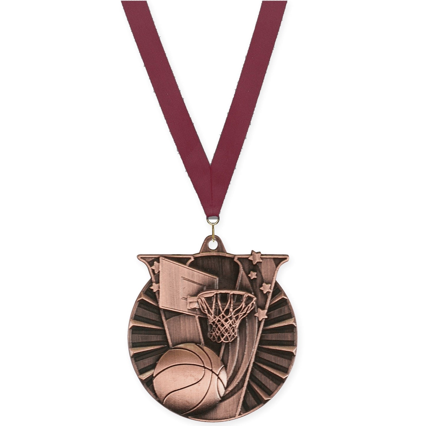 2 inch basketball Victory medal in antique bronze with Maroon neck ribbon