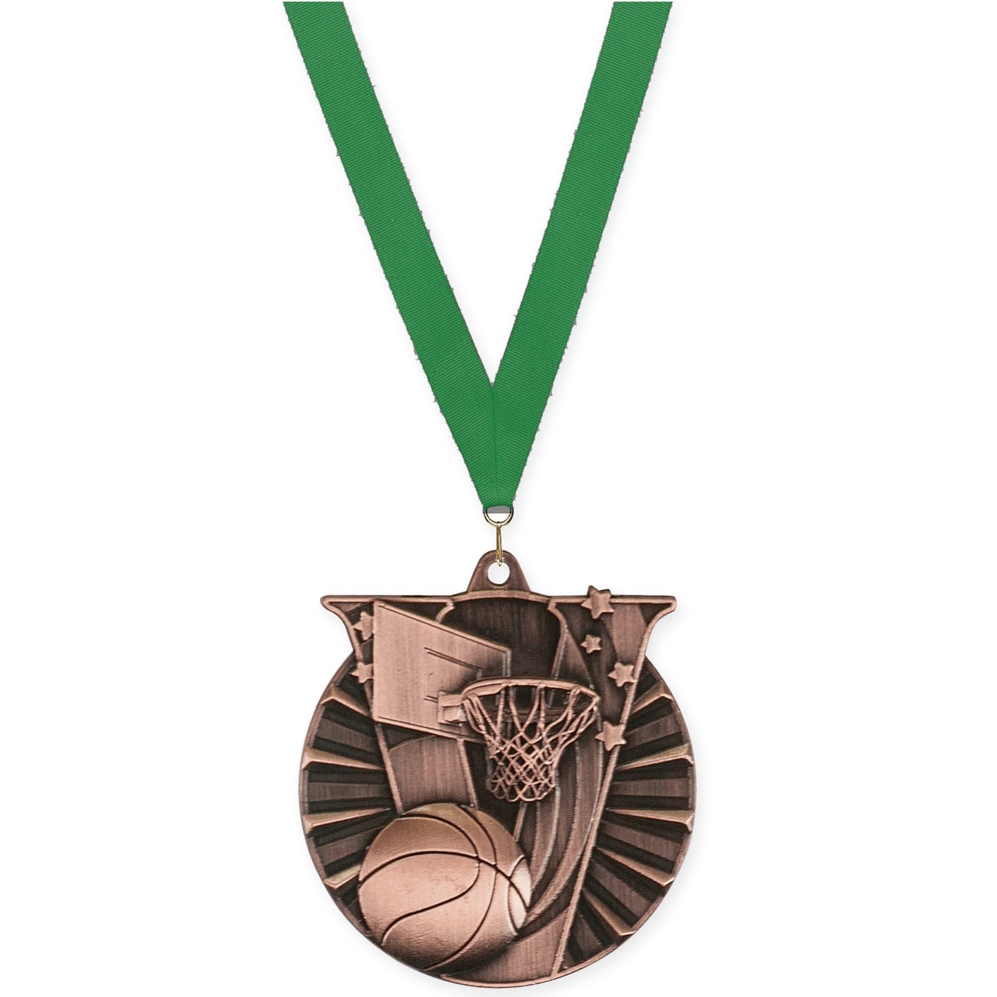 2 inch basketball Victory medal in antique bronze with Green neck ribbon