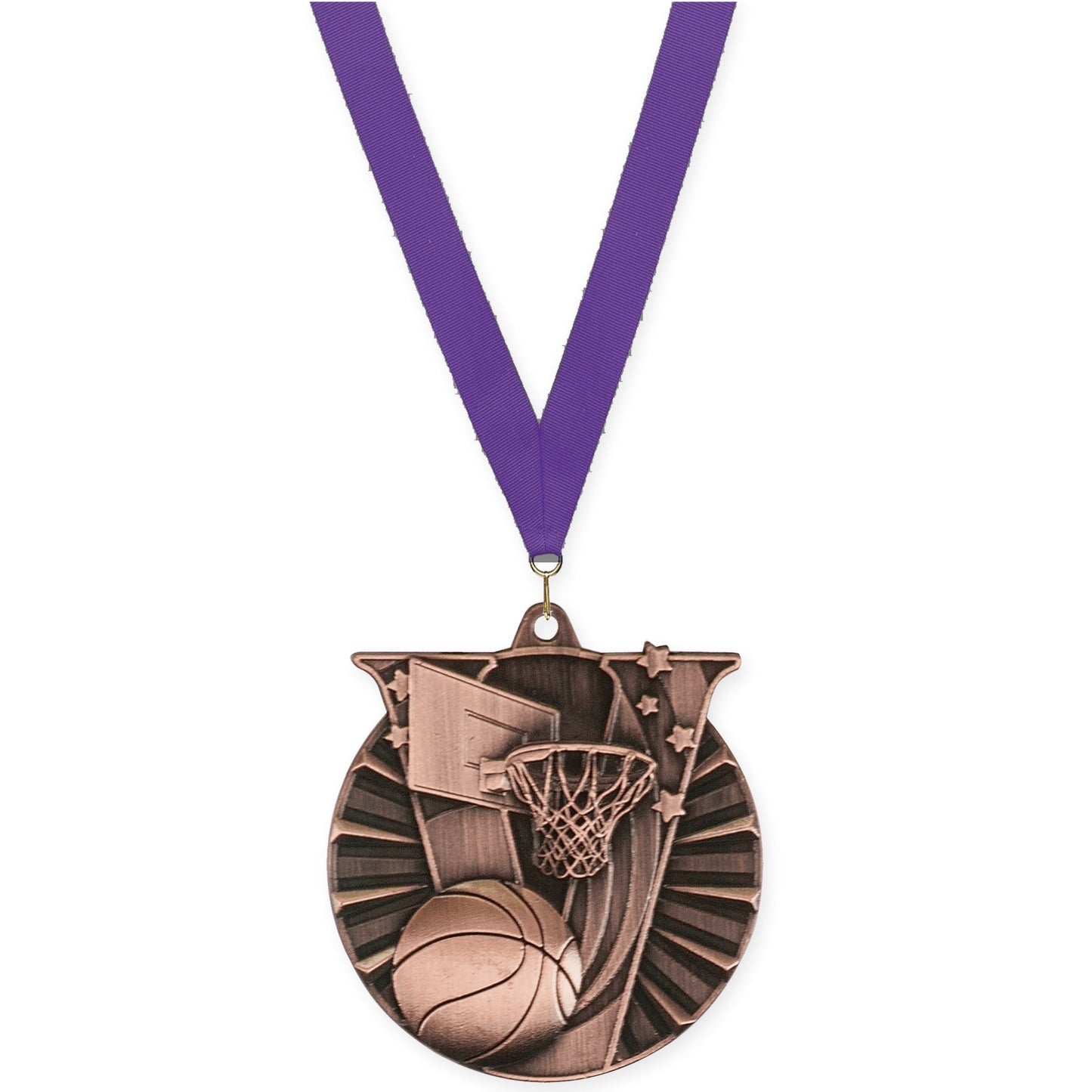 2 inch basketball Victory medal in antique bronze with Purple neck ribbon