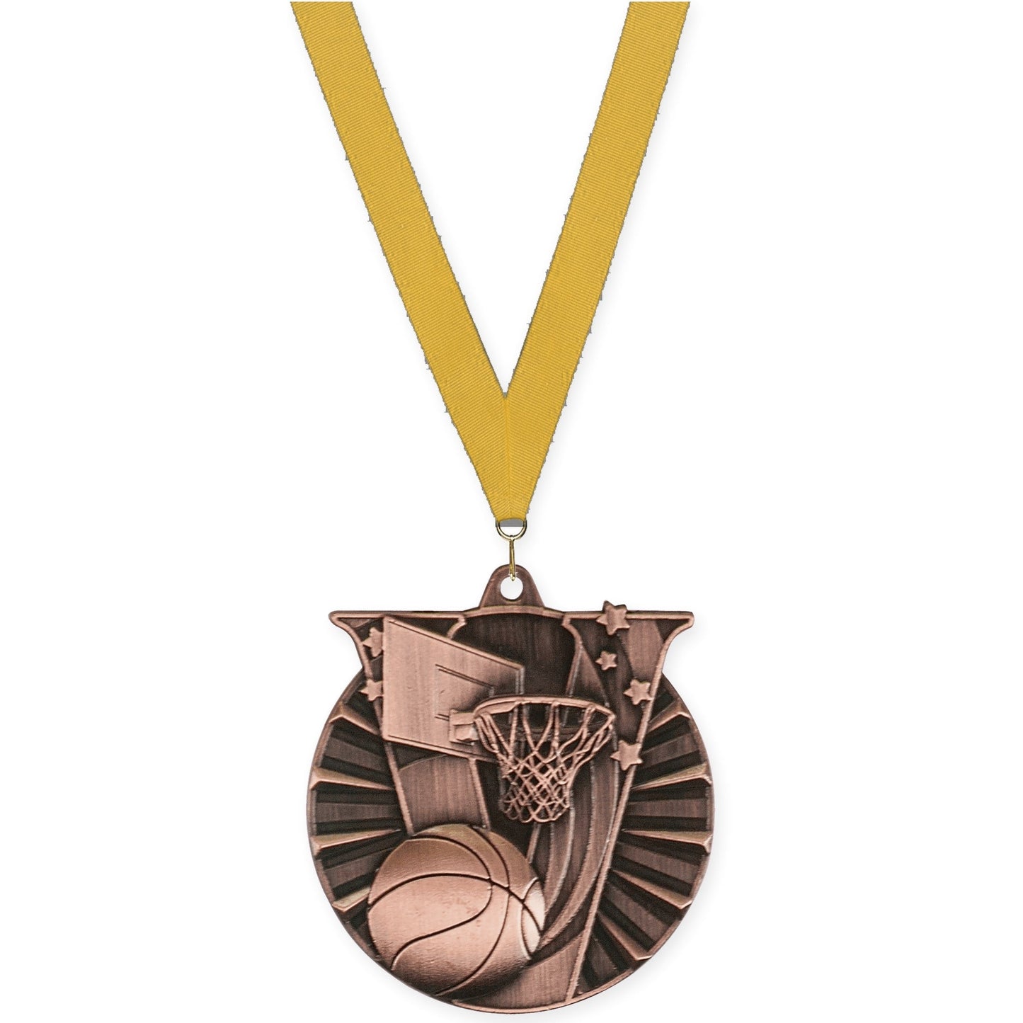 2 inch basketball Victory medal in antique bronze with Gold neck ribbon