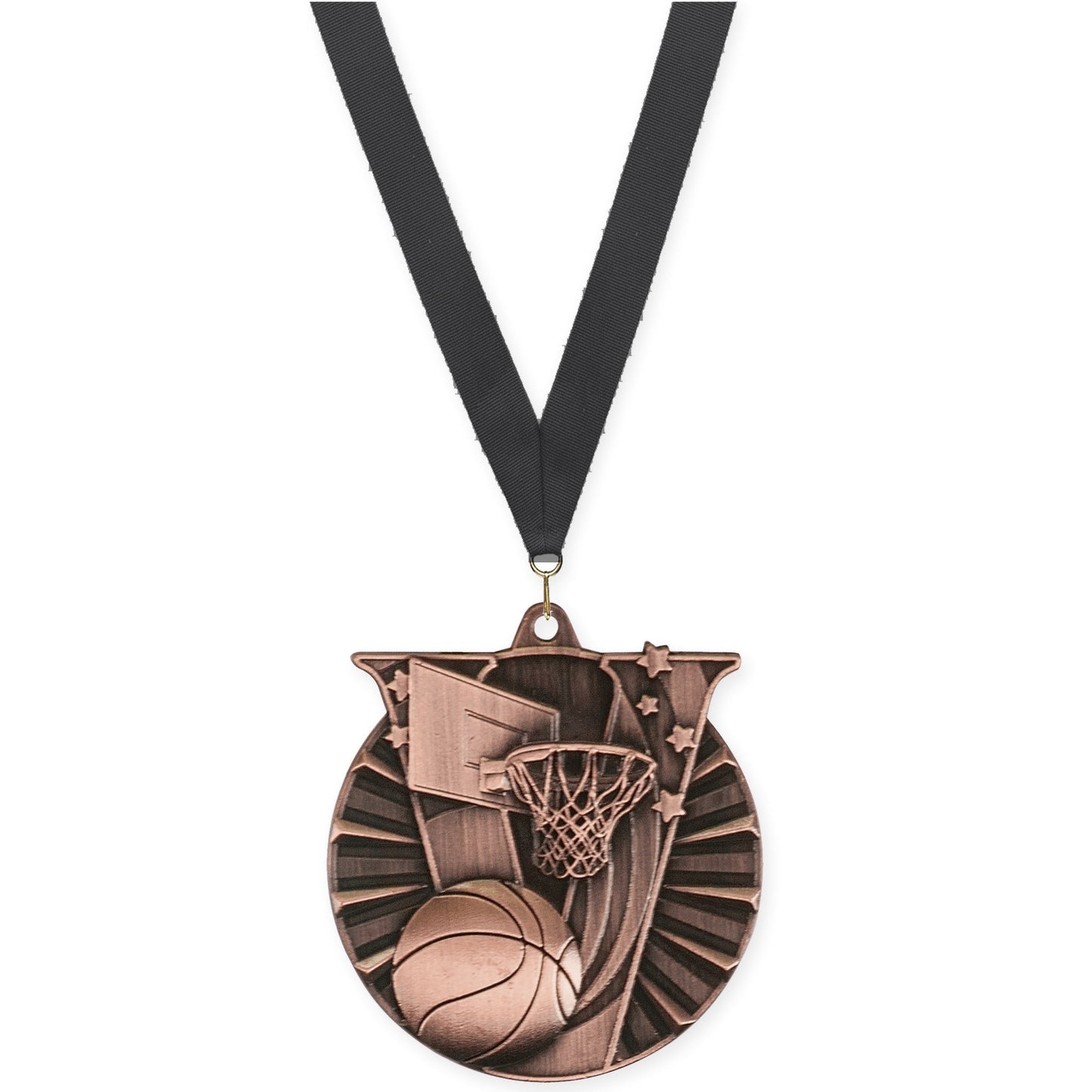 2 inch basketball Victory medal in antique bronze with Black neck ribbon