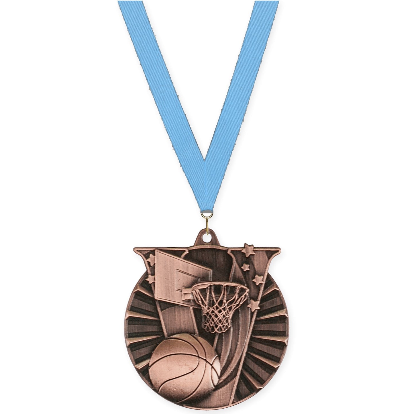 2 inch basketball Victory medal in antique bronze with Light Blue neck ribbon