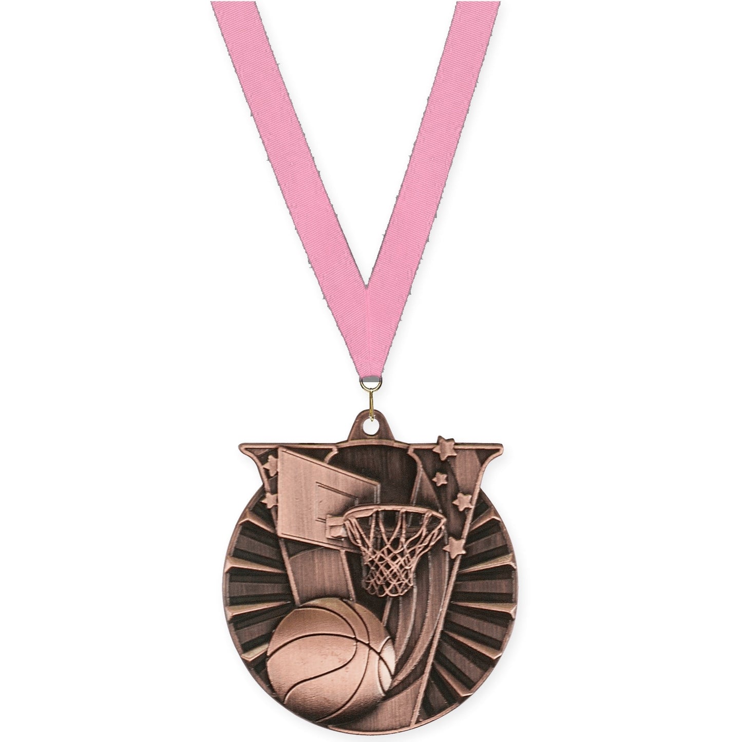 2 inch basketball Victory medal in antique bronze with Pink neck ribbon