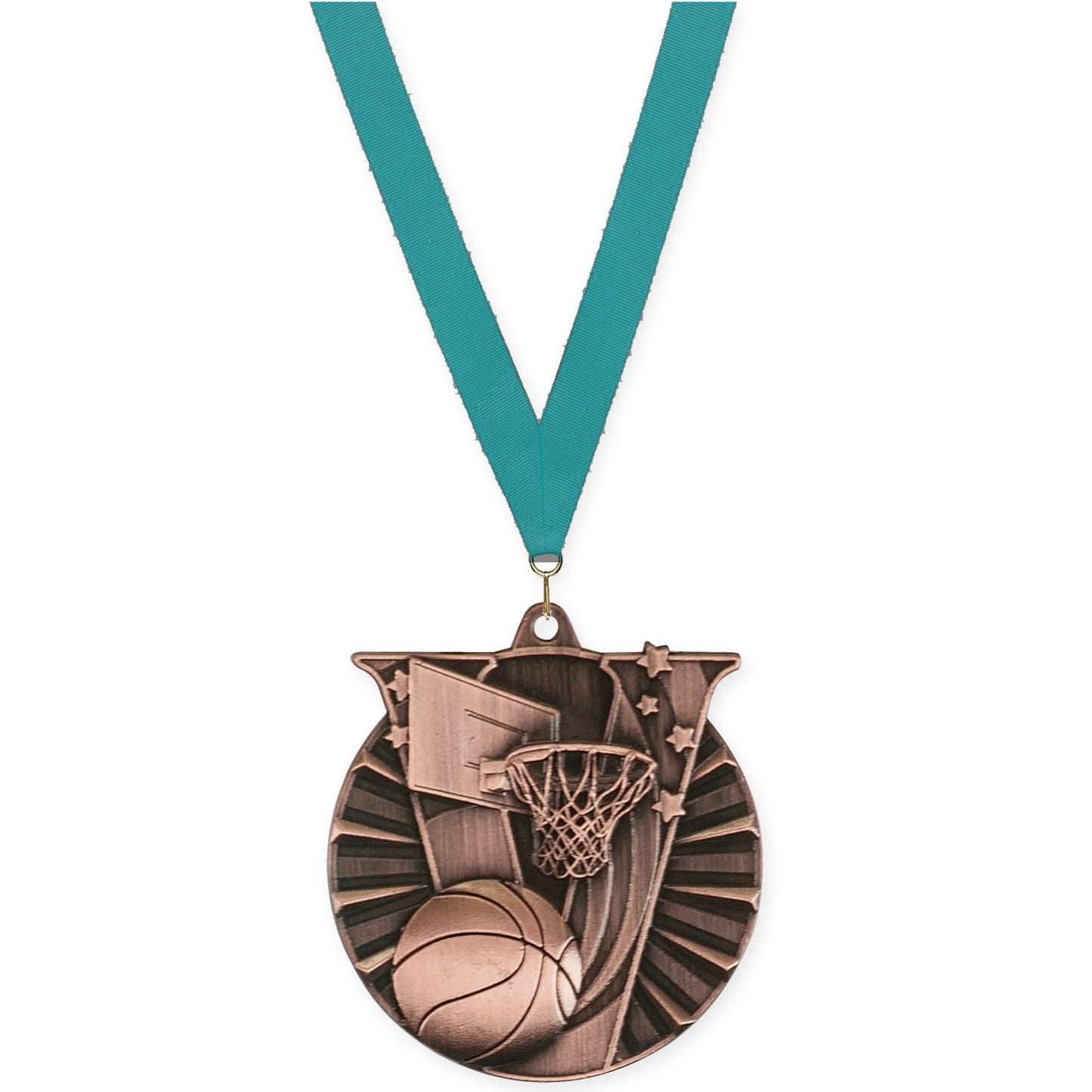 2 inch basketball Victory medal in antique bronze with Teal neck ribbon