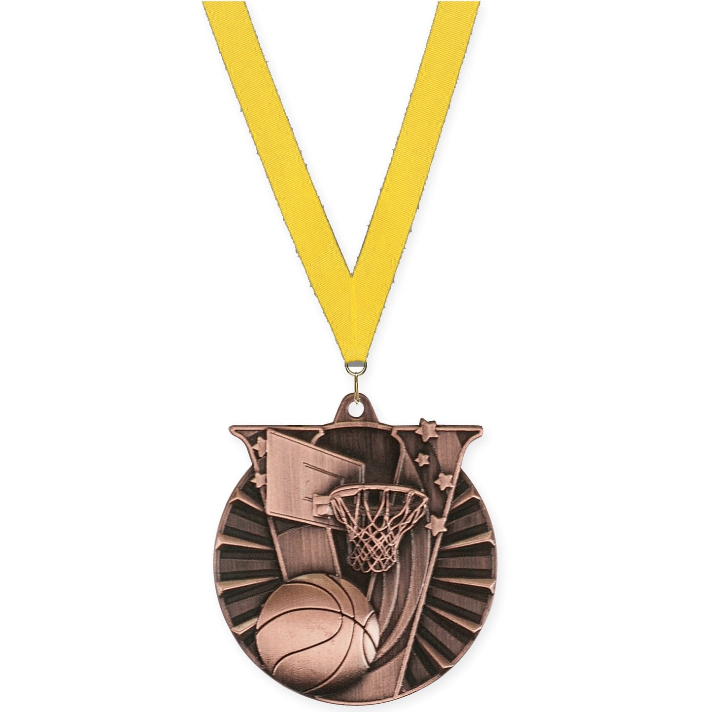 2 inch basketball Victory medal in antique bronze with Yellow neck ribbon