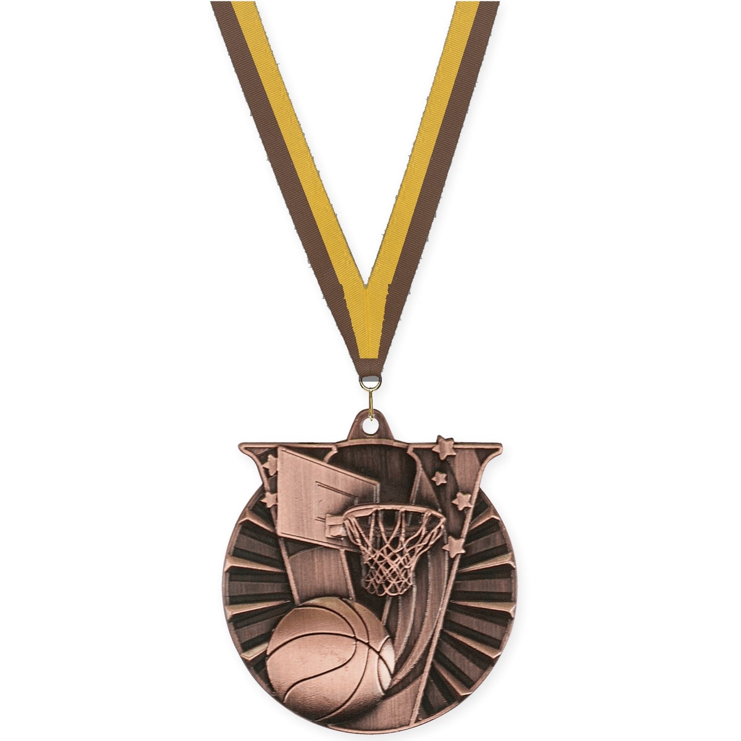 2 inch basketball Victory medal in antique bronze with Brown Gold neck ribbon