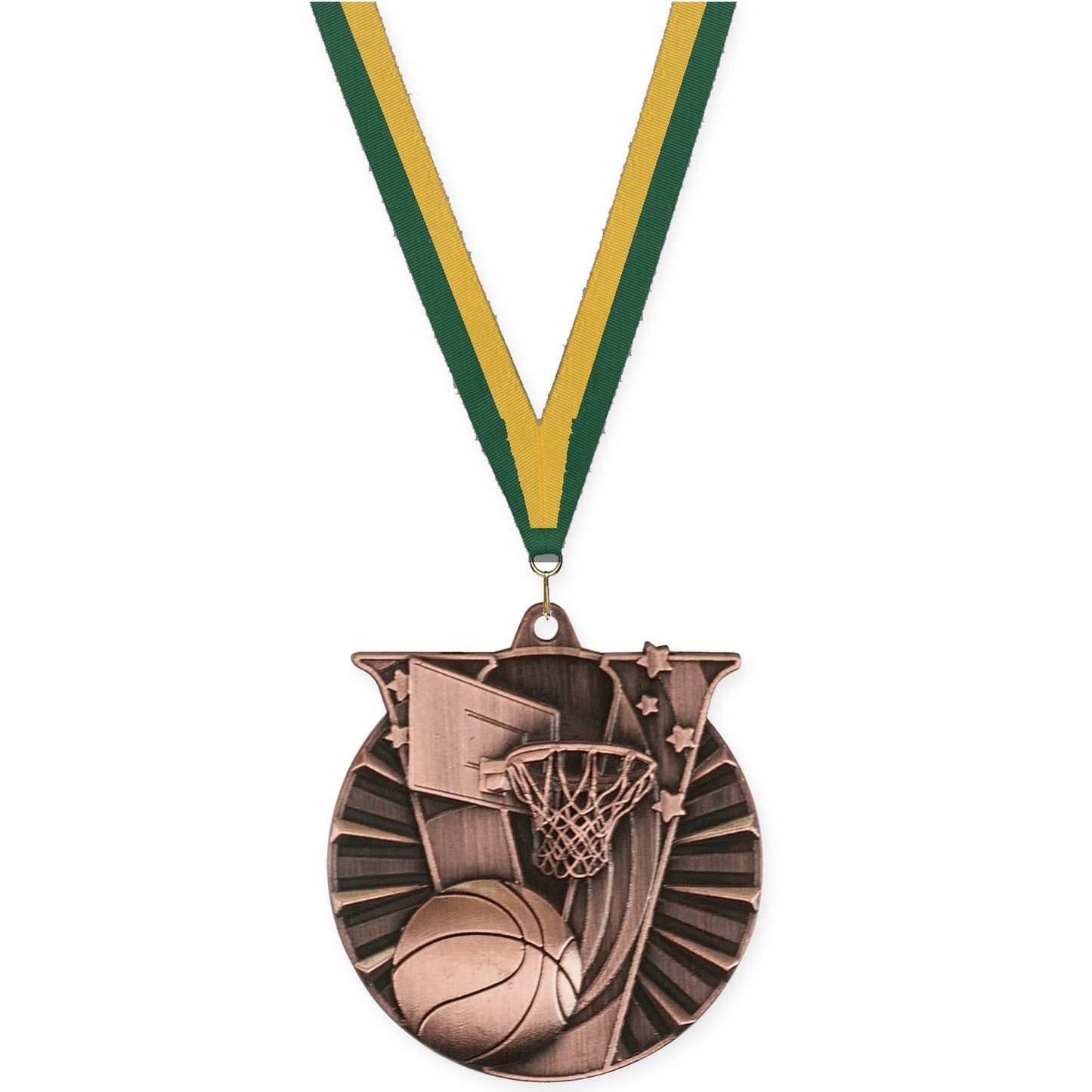 2 inch basketball Victory medal in antique bronze with Hunter Green Gold neck ribbon