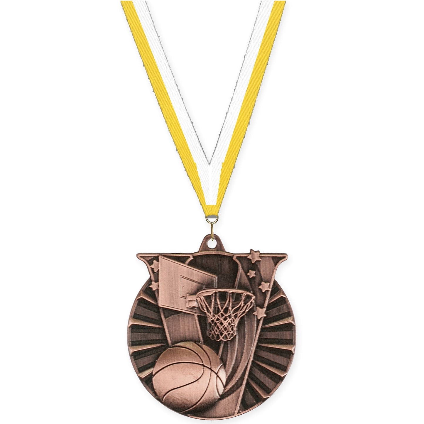 2 inch basketball Victory medal in antique bronze with Yellow White neck ribbon