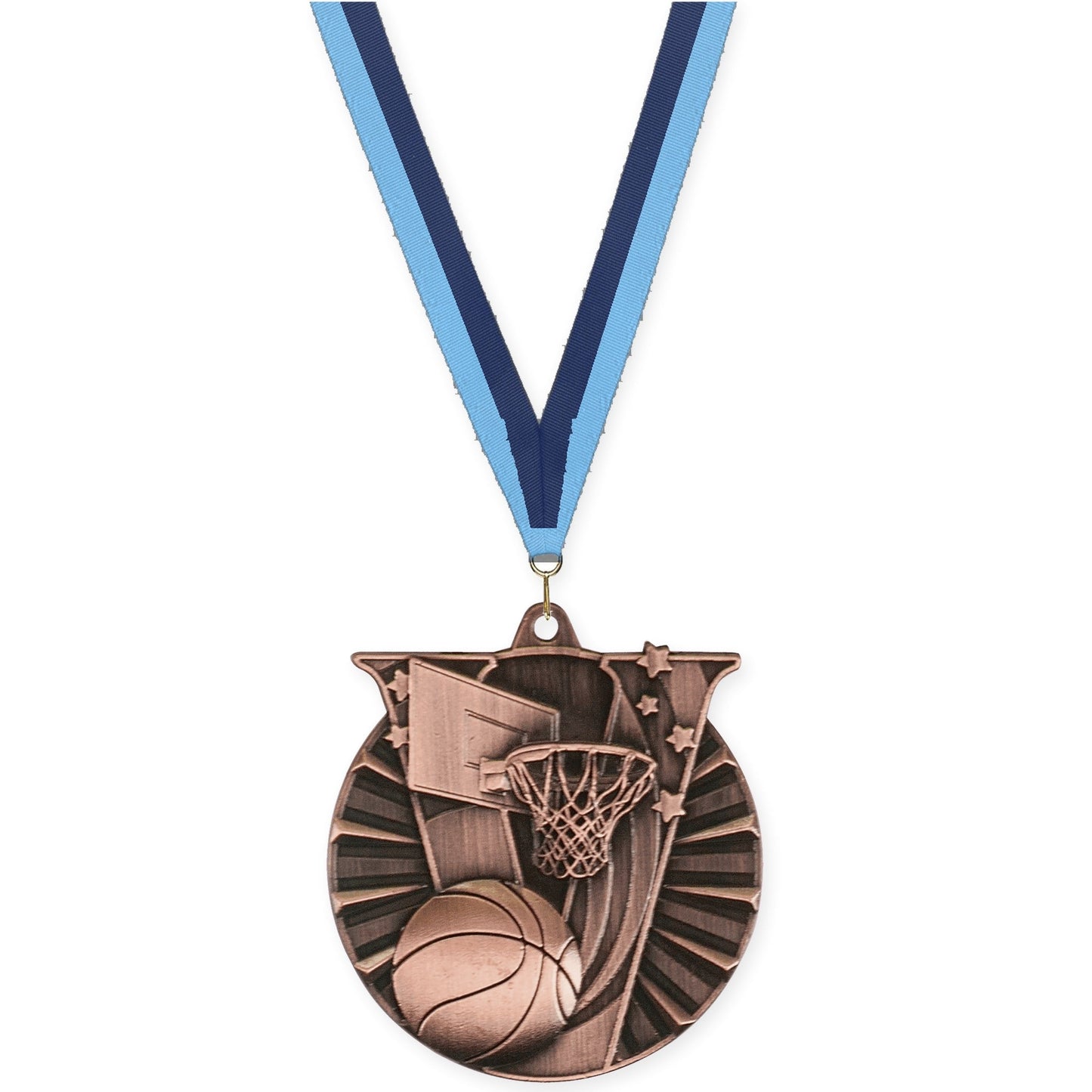 2 inch basketball Victory medal in antique bronze with Light Blue Navy neck ribbon