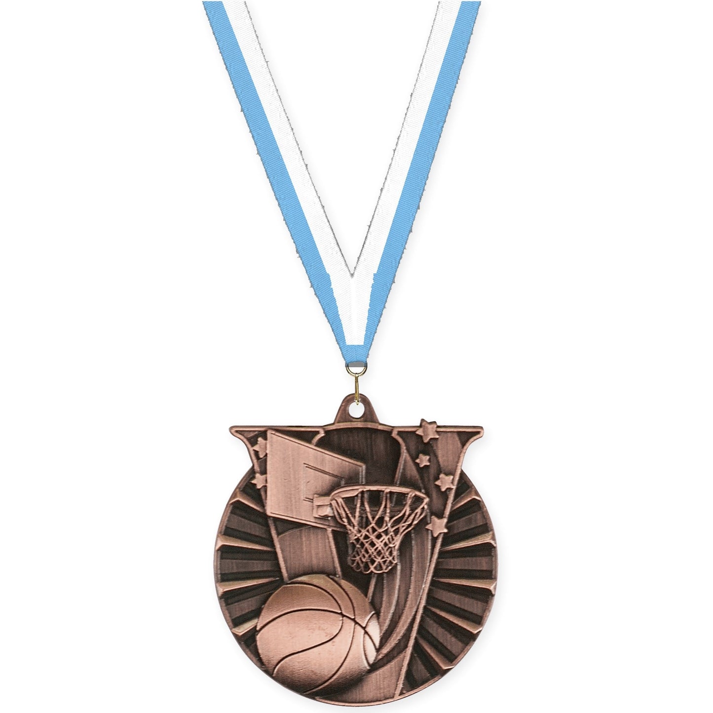 2 inch basketball Victory medal in antique bronze with Light Blue White neck ribbon
