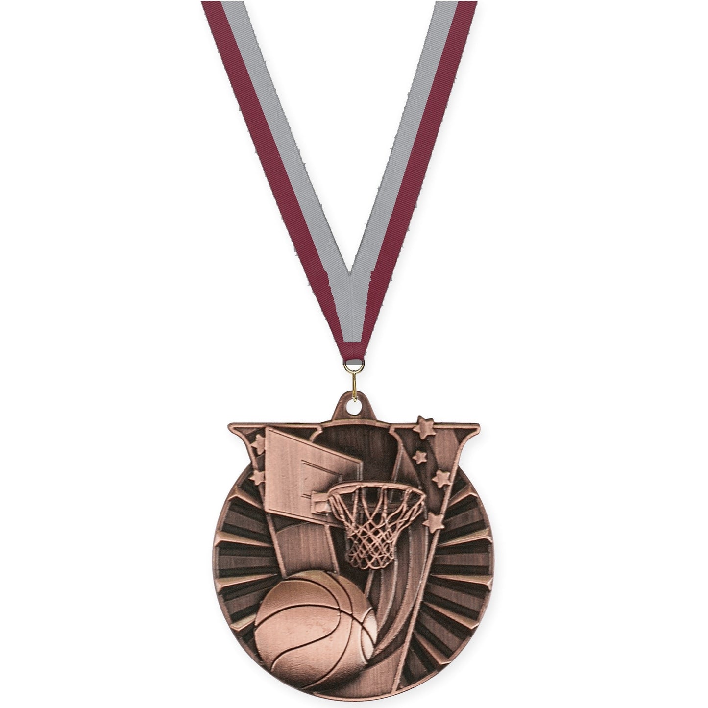 2 inch basketball Victory medal in antique bronze with Maroon Gray neck ribbon