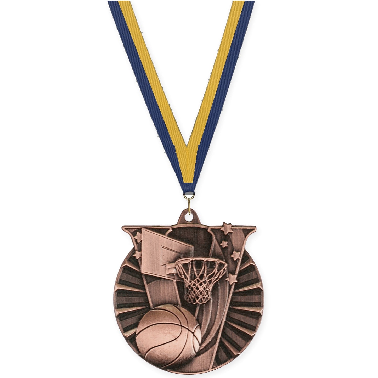2 inch basketball Victory medal in antique bronze with Navy Gold neck ribbon
