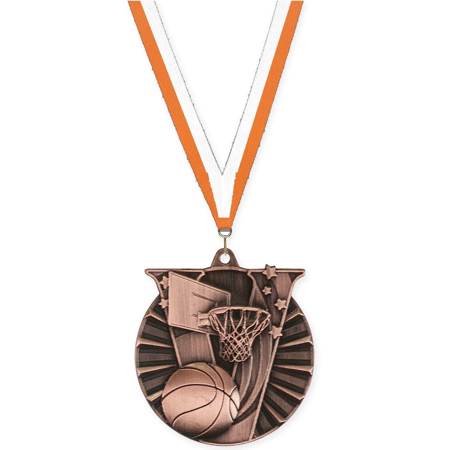 2 inch basketball Victory medal in antique bronze with Orange White neck ribbon