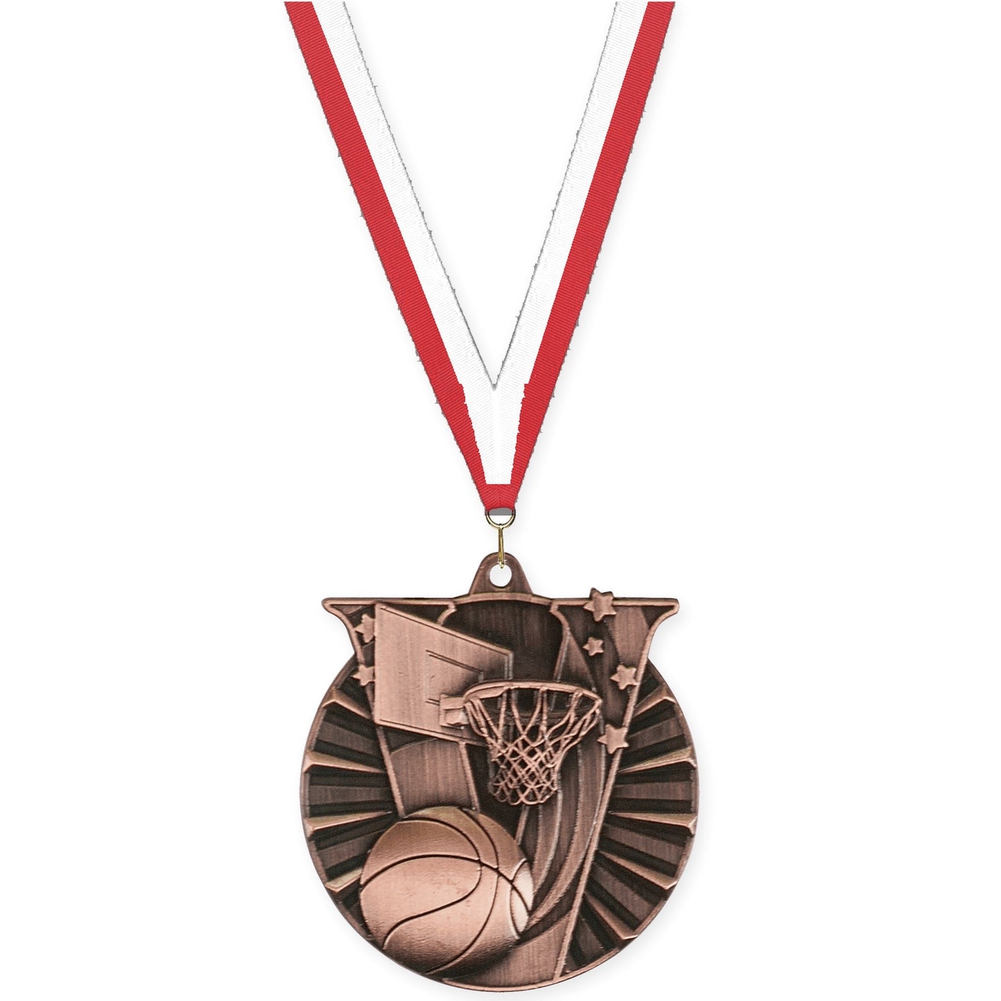 2 inch basketball Victory medal in antique bronze with Red White neck ribbon