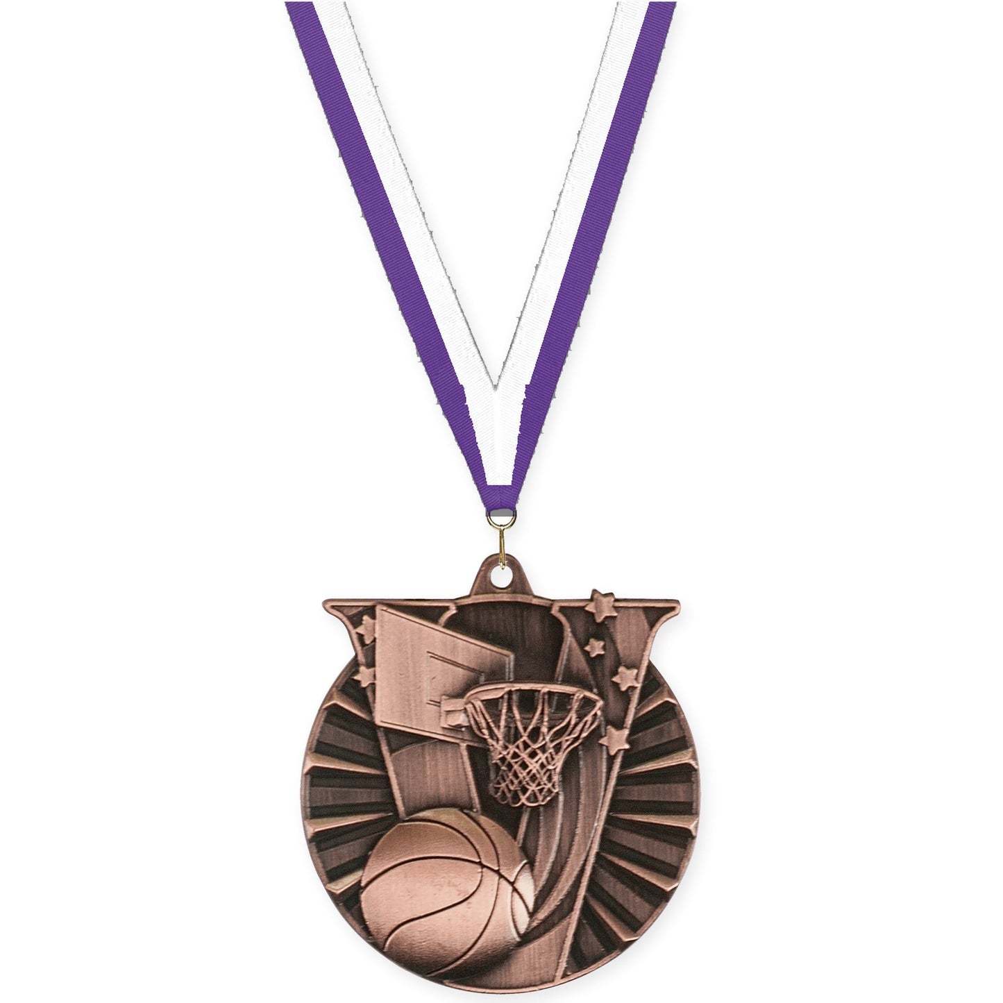 2 inch basketball Victory medal in antique bronze with Purple White neck ribbon